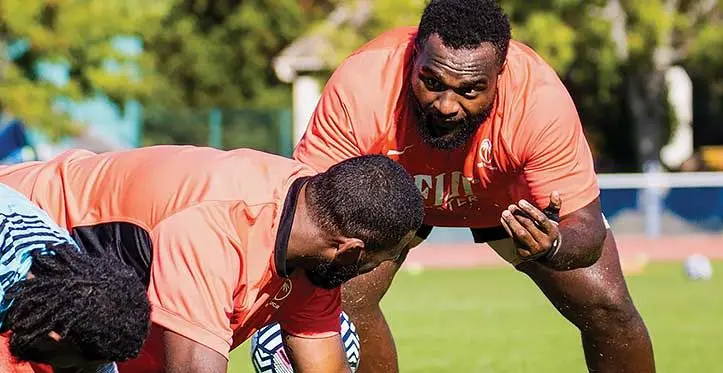 Flying Fijians’ Meli Derenalagi and prop Luke Tagi (facing camera) at training in Lormont, France on September 24, 2023. Photo: FRU Media
