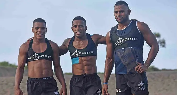 Fiji Airways Fijian 7s reps (left-right) Napolioni Ratu, Terio Tamani and Vilimoni Botitu at the Sigatoka sand dunes on February 7, 2019. Photo: Waisea Nasokia