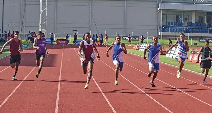 Ba Methodist High School’s Lui Nasauvou (fourth from left) wins the intermediate boys 100 metres final at the Ba Secondary Schools Athletics zone meet at Churchill Park in Lautoka on April 5,2019. Photo: Waisea Nasokia