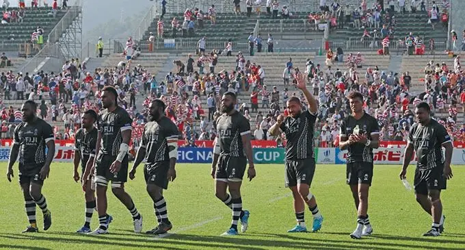 Flying Fijians wave to the crowd after their loss to Japan at the Pacific Nations Cup opener in Japan