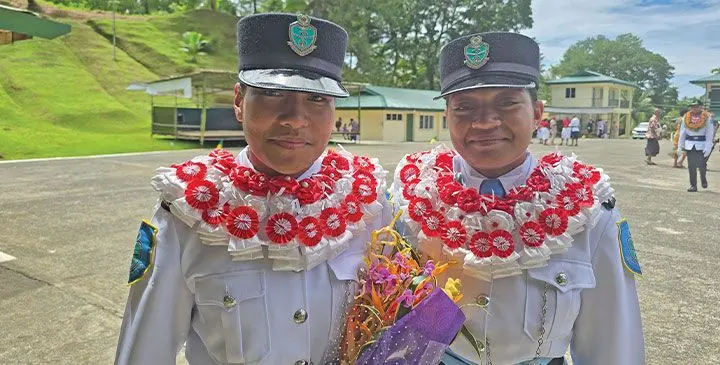 From left: Alaki Fonua and Taise Nauuat during the Fiji Corrections Service passing-out ceremony held at the Naboro Corrections headquarters on March 14, 2025. Photo: Sosiveta Korobiau