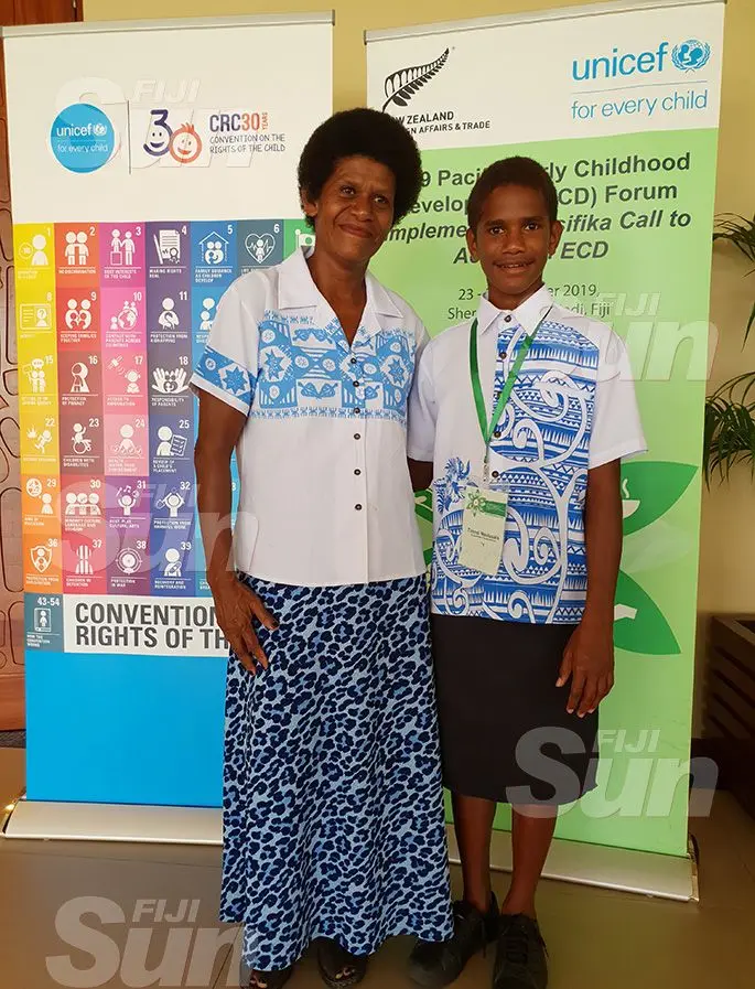 Young climate change activist, Timoci Naulusala (right) with his mother, Raijeli Naulusala (left) at the 2019 Pacific Early Childhood Development Forum at the Sheraton Fiji Resort in Nadi on October 25, 2019. Photo: Nicolette Chambers