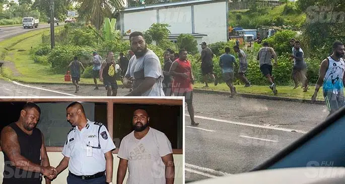 The scene on Mead Road in Nabua on April 13, 2021. Photo: Leon Lord Inset: Sekove Serukalau (left), of Nabua Koro, Chief of Operations Assistant Commissioner of Police Abdul Khan and Filipe Kuruwale of Nabua Mead Road PRB flats at Nabua Police Station on April 13, 2021. Photo: Ronald Kumar