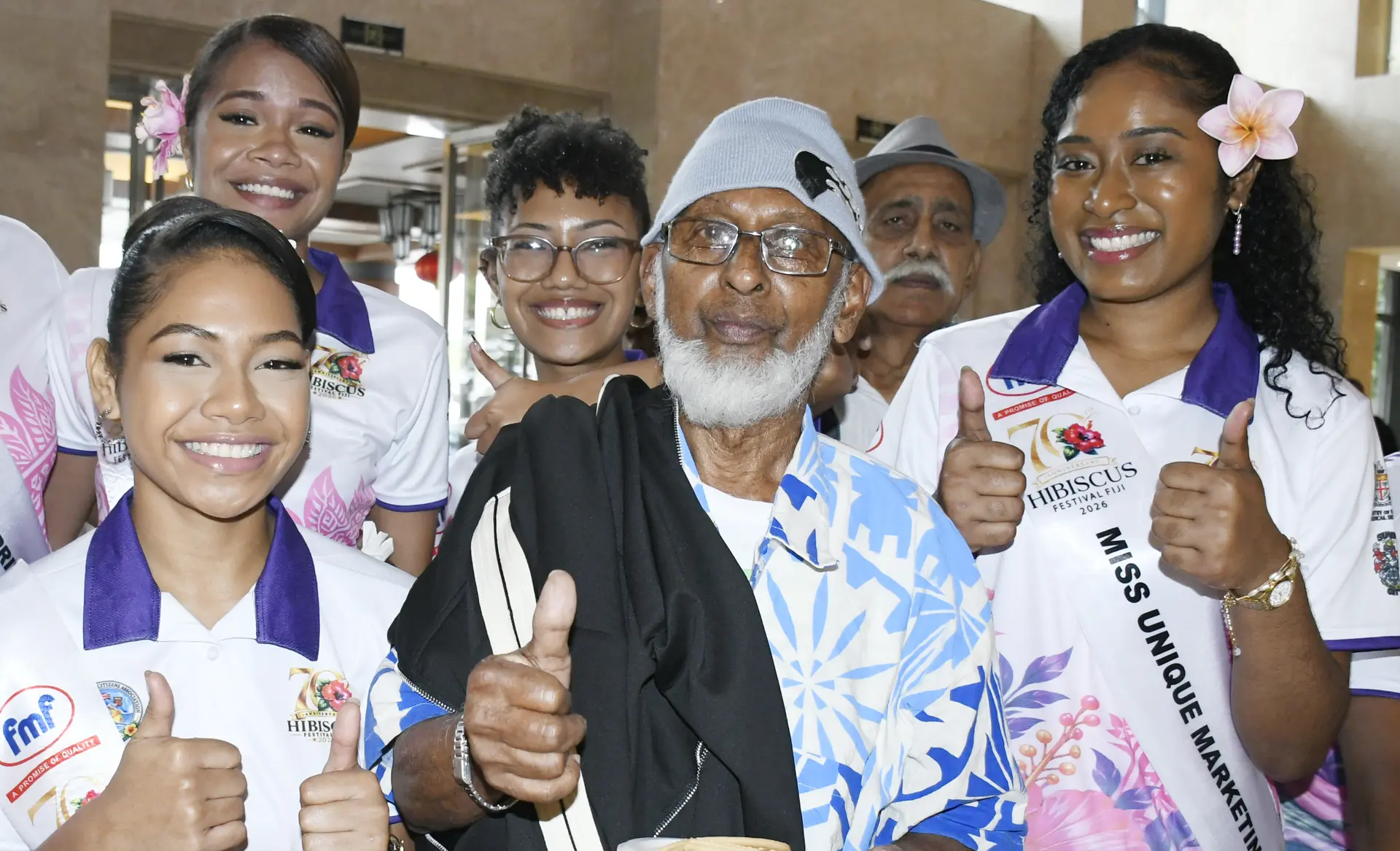 Mohammed Sadik, 69, celebrated his birthday with the FMF Hibiscus Festival 2026 Queen contestants during Senior Citizens Day at the Civic Centre in Suva on September 1, 2026.
