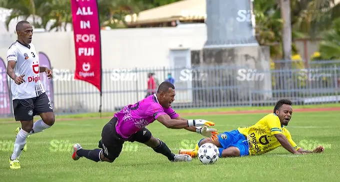 Suva goalkeeper Emori Ragata saves a attempted goal from Nadroga’s Joeli Navalawa during their Digicel Premier League 2021 match at the ANZ Stadium on November 7 2021. Photo: Leon Lord  