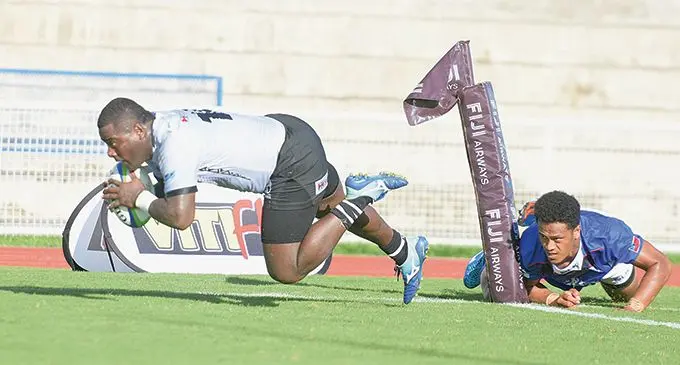 Swire Shipping Fijian Warriors wing Veramu Dikidikilati scores a try against Samoa A at ANZ Stadium, Suva on March 16, 2019.Photo: Ronald Kumar