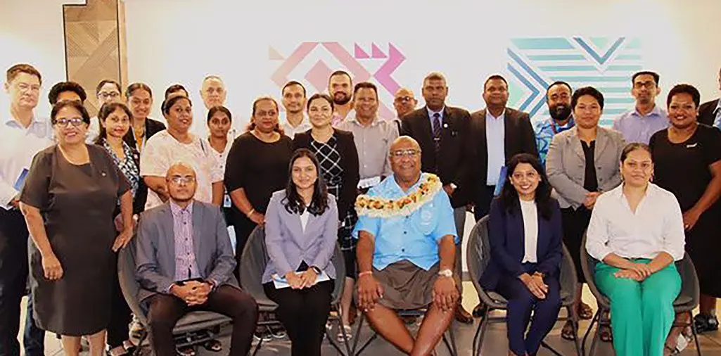 Consumer Council of Fiji chief executive officer Seema Shandil, sitting, second from right, Deputy Prime Minister and Minister for Trade, Co-operatives, Small and Medium Enterprises, Manoa Kamikamica and corporate representatives at the Tanoa Plaza Hotel, Suva on April 22, 2024. Photo: CCF
