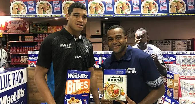 Fiji Airways Fijian 7s stars Meli Derenalagi (left) and Alasio Naduva in Suva on August 9, 2019.  Photo: Anasilini Natoga
