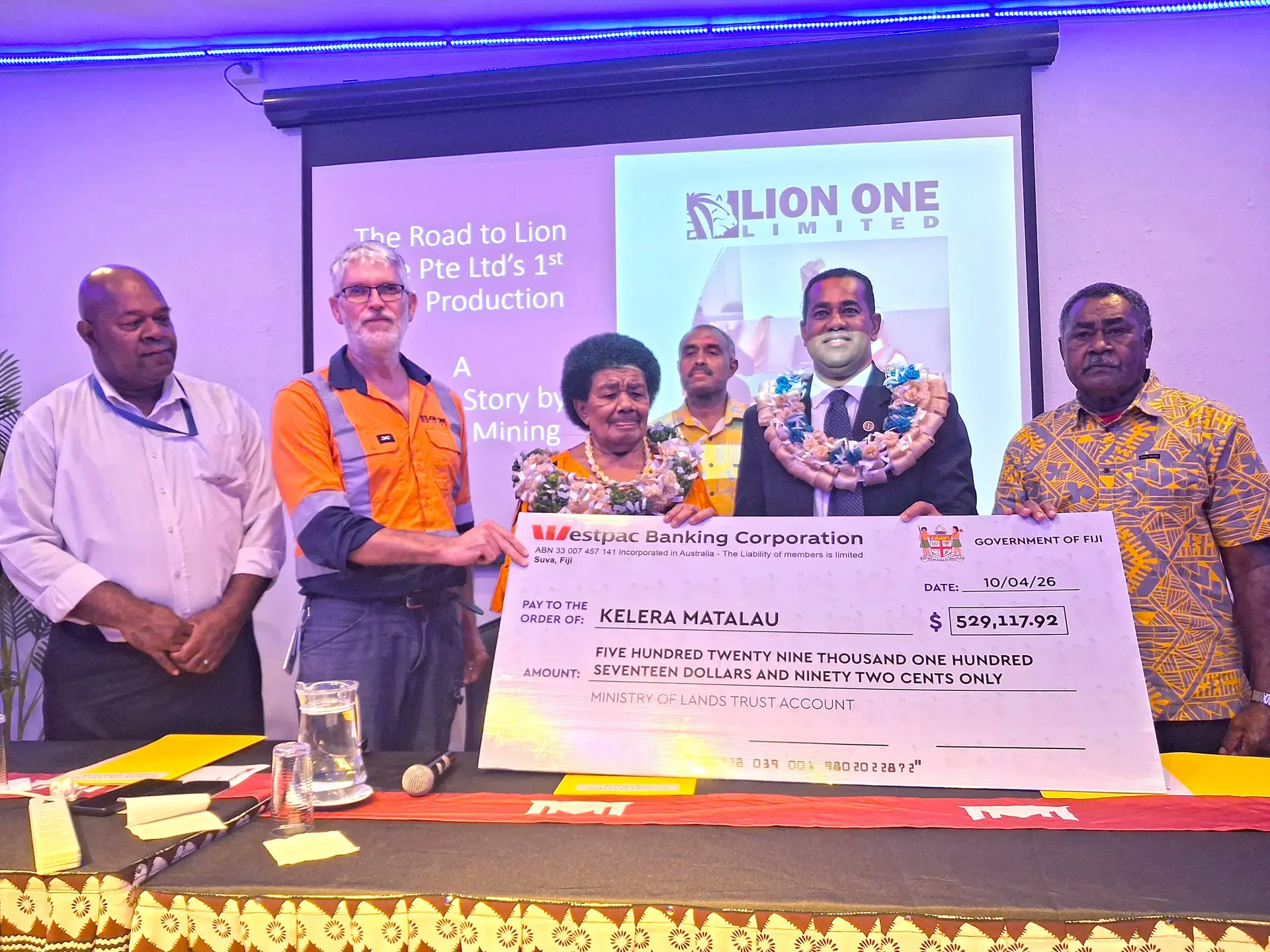 From left: Lawyer Peceli Heritage, Lion One Limited geologist Bill Reid, Kelera Matalau of mataqali Nacokula, yavusa Rarawaqa, Sakiusa Waqanisau, Minister for Lands and Mineral Resources Filimoni Vosarogo, and Malakai Sawau.