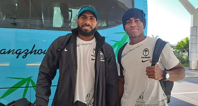 Fiji Airways Fijian 7s squad members Paula Nayacakalou and Vuiviwa Naduvalo at the Nadi International Airport on October 29, 2022. Photo: Waisea Nasokia 