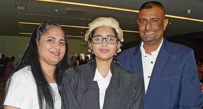 Shamama Khan (middle), with parents Sharista and Abdul Khan following her admission to the bar at Grand Pacific Hotel on April 6, 2024. Photo: Ronald Kumar