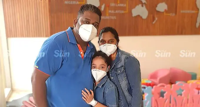 Sejal Raj, 10, with parents Shubila Wati and Arunesh Raj at the Sai Sanjeevani Children’s Heart Hospital in Suva on May 1, 2022. Photo: Inoke Rabonu