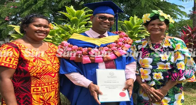 Luisa Waqavanua, Pio Low, Mareta Sala after graduates were handed their certificates from Fiji National University Labasa Campus on January 28, 2022. Photo: Laisa Lui