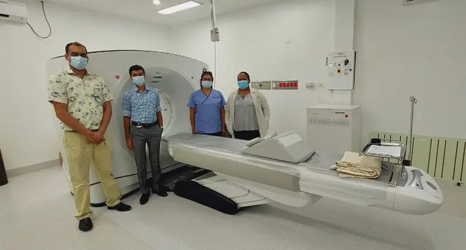 Radiographer in charge of the CT scanner Rohinendra Kumar, CT scanner technician, Yatneil Chandra, Radiology nurse, Rina Devi and Radiologist, Dr Siteri Sautuca beside the state-of-the-art CT scanner at the Lautoka Hospital on August 16, 2022. 