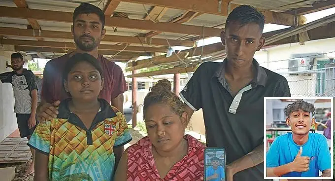 From left: Diven Lucky (family friend), Ruhi Ali (victim’s sister), Sanjana Ali (mother) and Rakshay Rogers Ali (victim’s older brother). Inset: The late Raihan Raizal Ali.