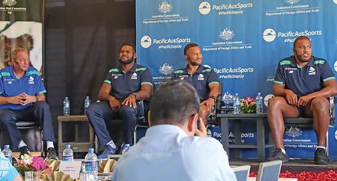 Sitting from left: Swire Shipping Fijian Drua head coach Mick Byrne, Chris Minimbi, Teti Tela and Tevita Ikanivere during a panel dicussion hosted by the Australian High Commission, PacificAus Sports and the Fijian Media Association at Albert Park, Suva, on April 27, 2022. Photo: Kelera Sovasiga
