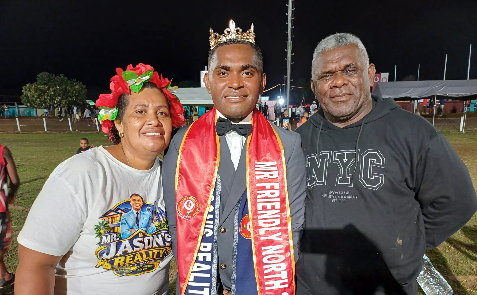 Mr Vodafone Festival of the Friendly North winner, Mr Jason’s Reality, Aisea Tamani Rokobiau with his parents, Eremasi Rokobiau and Adi Laisa Tamani at Subrail Park in Labasa on September 5, 2026. 