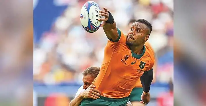 Samu Kerevi offloads against Georgia during their Rugby World Cup opener at the Stade de France in Paris on September 9, 2023. Photo: rugby.com.au