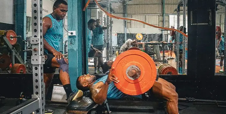 Fiji Airways Fiji men’s players from left: Waisea Nacuqu and Terio Veilawa during their gym session at the HPU Gym on April 22, 2025. Photo: FRU Media