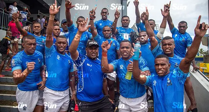 Police Blue players and officials after beating Wadigi Salvo at the ANZ Stadium, Suva, on November 12, 2021 and confirm their spot in the Cup quarterfinals to win the Super Sevens Series title. Photo: Leon Lord