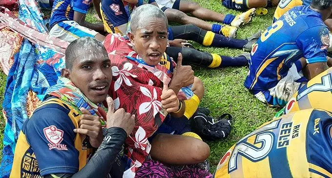 Ratu Kadavulevu School Eels Under-15 players celebrate their win at Ratu Cakobau Park, Nausori, today. Photo: FSSRLA