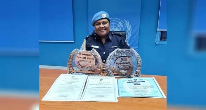Assistant Superintendent of Police (ASP) Mereani Vasakula and former Deputy Chairlady UNPOL Women’s Network at United Nation House with her awards in Juba South Sudan on August 10, 2022. 