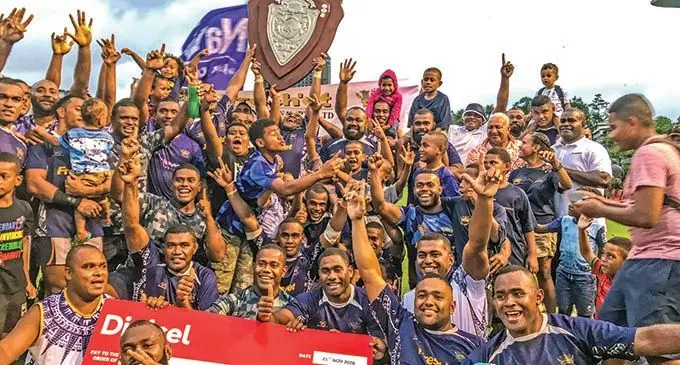 Fresh’et Navy rugby team with supporters after winning the Digicel Escott Shield at Albert Park, Suva, on November 21, 2020.  Photo: Kelera Sovasiga