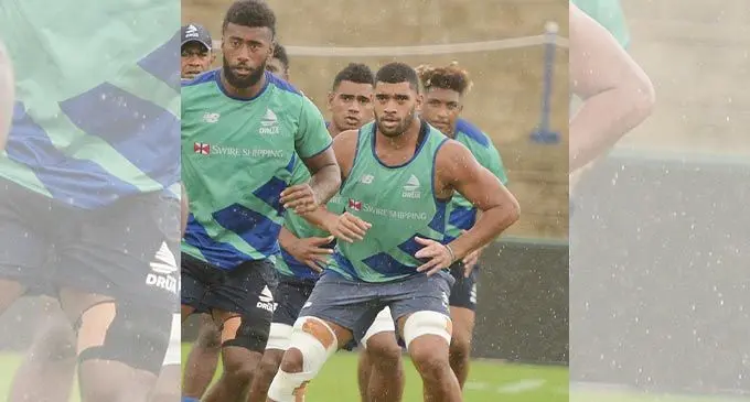 Swire Shipping Fijian Drua captain Meli Derenalagi leads back row players Joseva Tamani,Kitione Salawa and Te Ahiwaru Cirikidaveta during their captains run at the ANZ National stadium in Suva on April 29 , 2022. Photo: Ronald Kumar