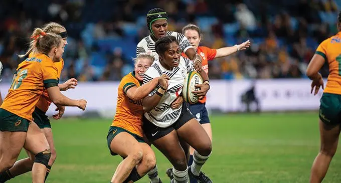 Vodafone Fijiana XV prop Bitila Tawake on attack against the Wallaroos at the Allianz Stadium in Sydney, Australia, on May 19, 2023. Tawake scored Fijiana’s lone try as they went down 22-5 to the Wallaroos. File Photo: Leon Lord