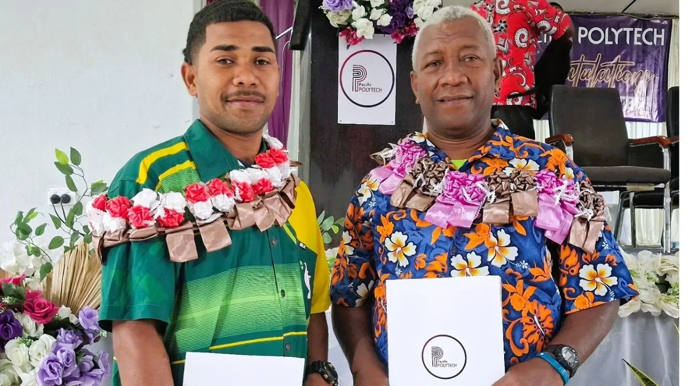 Sakiusa Sakaraia Maivuinadi (left) with his father, Kositino Peceli, at the Civic Centre in Labasa on July 30, 2026.