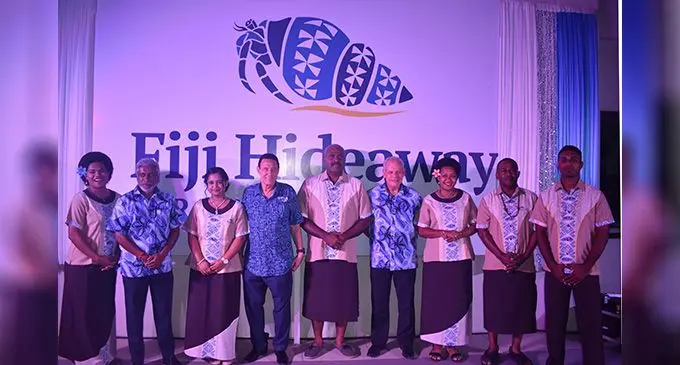 Laisa Moreyawa, Tour Managers managing director Damend Gounder, Sanjana Singh, Tourism Fiji Chairman and Fiji Airways managing director/CEO Andre Viljoen, Alifereti Nainoca, Tour Managers general manager Dave Woodman, Alesi Viliviliyawa Kunaura, Vuluma Tora and Shiraz Khan during the logo launch at the Landers Bay Resort & Spa, Vuda on July 29, 2022. Photo: Waisea Nasokia.