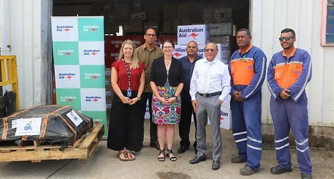 Australia’s Counsellor for Development Co-operation, Joanna Houghton (third from left), Energy Fiji Limited chief executive officer Hasmukh Patel (fifth from left), with officials and stakeholders during the handover. Photo: Australian High Commission