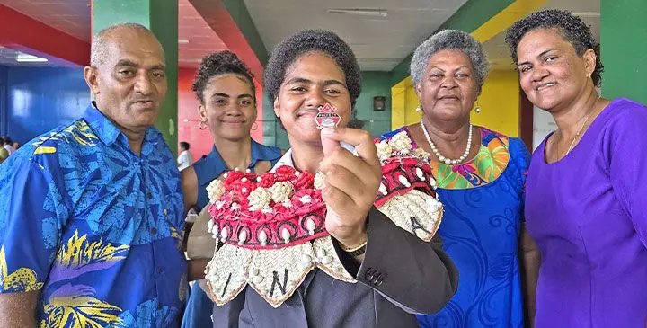 Linda Raratabu with her family after the Adi Cakobau School prefect induction on February 28, 2025. Photo: Sosiveta Korobiau