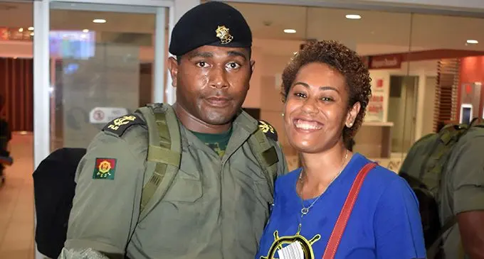Able-seaman Joseva Delai with wife Raijieli Delai at Nadi International Airport on Wednesday night.   Photo: Waisea Nasokia