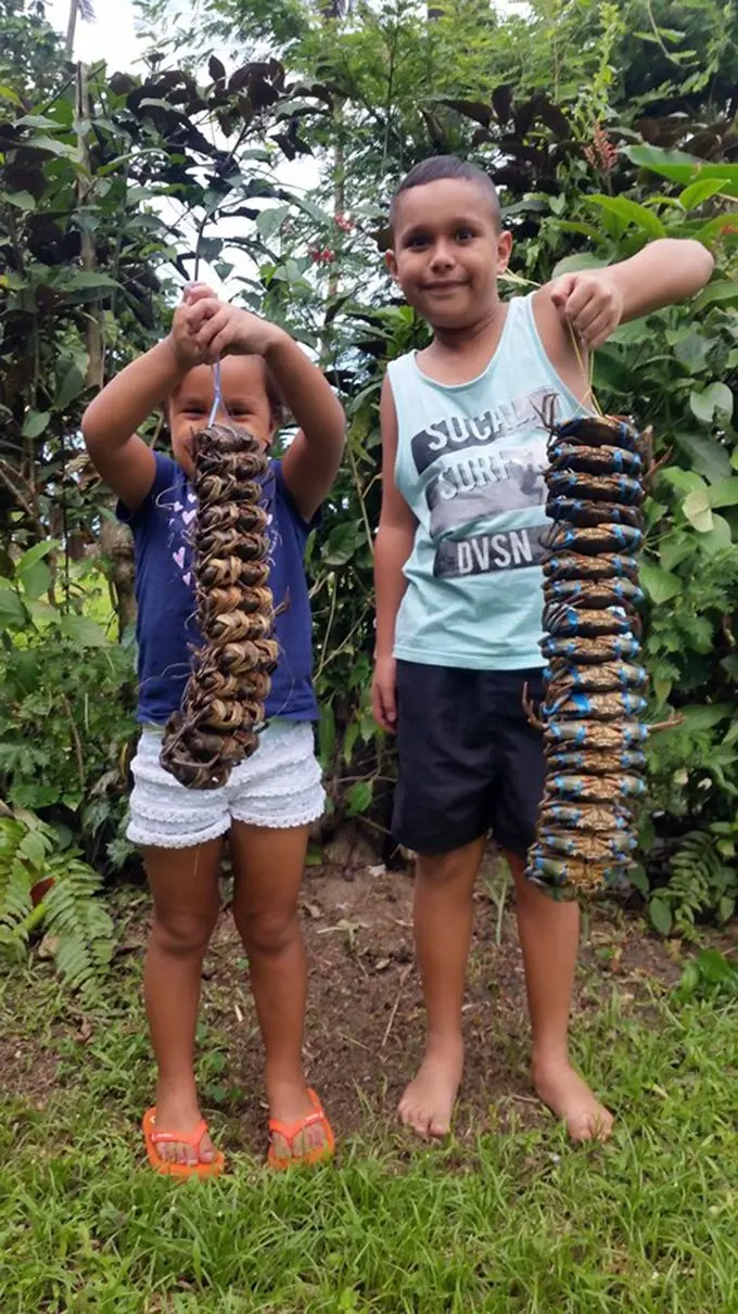 Shaula and Carter with the crabs they were going to release at the Royal Suva Yacht Club. Photo: Jonathan Smith. 