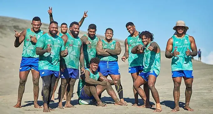 Members of the Swire Shipping Fijian drua squad (from left) Vilive Miramira, Mesake Doge, Meli Derenalagi, Samuela Tawake, Emosi Tuqiri, Kalione Nasoko  (sitting), Meli Tuni, Freddy Ralulu, Selestino Ravutaumada and Zuriel Togiatama at the sand dunes in Sigatoka. Photo: Fijian Drua Media