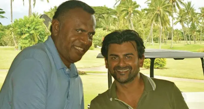 Golfer Bill Suguturaga (left) and Tappoo director Kaushal Tappoo in Nadi on March 13, 2021. Photo: Waisea Nasokia