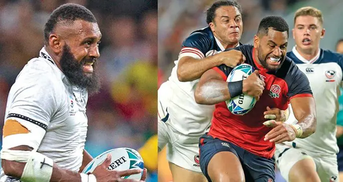 Fiji Airways Flying Fijians inside centre Waisea Nayacalevu on his way to score a try against the Wallabies during the Pool D Rugby World Cup match on September 21, 2019, at the Sapporo Dome in Japan (left) and Fijian-born Joe Cokanasiga on his way to score a try for England against USA in their Rugby World Cup pool match on September 26, 2019, in Kobe City, Japan.