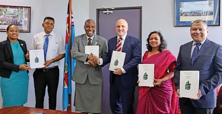 From left: Fijian Elections Office acting Supervisor of Elections Ana Mataiciwa, Electoral Commission chair Mukesh Nand, Attorney-General and Minister for Justice Siromi Turaga, MOG co-chair representatives - Australian High Commission charge’ d’affaires John Williams and others. Photo: Multinational Observer Group