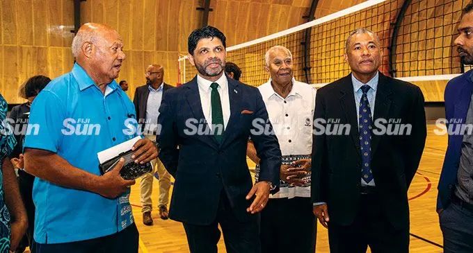 From left: Former FNU Sports Development adviser Alifereti Cawanibuka, Attorney-General Aiyaz Sayed-Khaiyum, Liuliu ni Yavusa Nakorovatu Ratu Paula Rawiriwiri and FNU Acting Deputy Vice-Chancellor, William May at the newly commisioned FNU Sports and Wellness centre, at Nasinu campus, Valelevu, on March 31, 2022. Photo: Leon Lord.