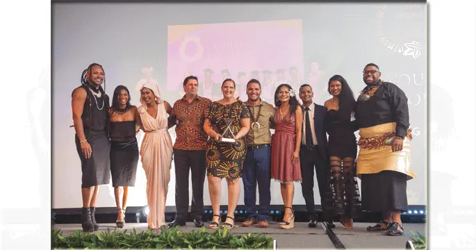 Members of the VOU Dance Group, including artistic director Navi Fong (left) and managing director Sachiko Soro (fifth from left) receive their award at the ANZ Fiji Excellence in Tourism Awards at the Sheraton Fiji Golf and Beach Resort at Denarau on February 17, 2024. Photo: Leon Lord