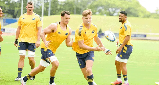 Hurricanes second five eight Jordie Barrett flicks a pass as captain Ardie Savea looks during the Captain’s run at the HFC Bank Stadium in Suva on May 6, 2023. Photo: Ronald Kumar