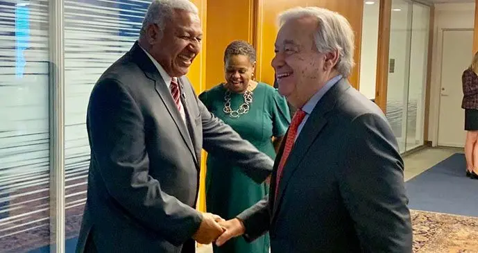 Prime Minister Voreqe Bainimarama, in his last official engagement in New York, meets United Nations  Secretary-General Antonio Guterres.  Photo: PM’s Office
