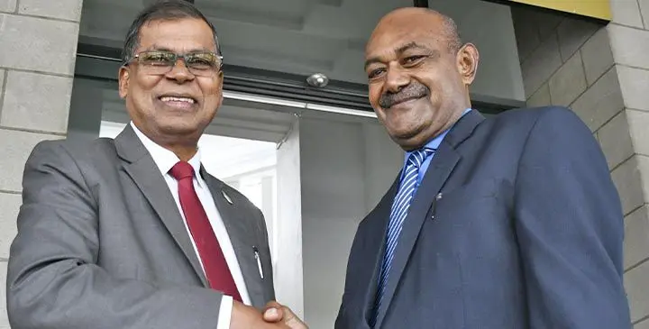 Minister for Finance Biman Prasad and newly sworn in Member of Parliament, Inosi Kuridrani. Photo: Ronald Kumar