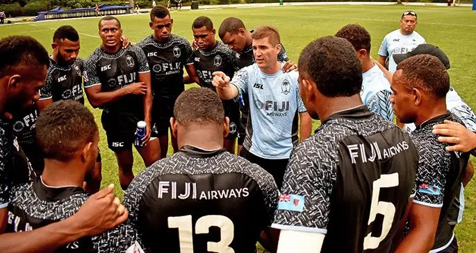 FFiji Airways Fiji 7s head coach Gareth Baber drives home a point during one of their training sessions early this year at the Uprising Resort grounds.