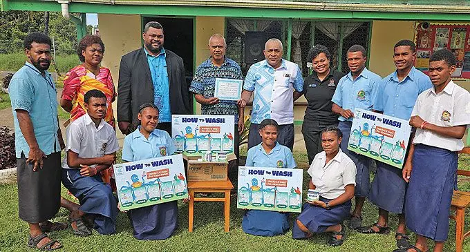 Students of Dawasamu District School after the handover of two 5,200 water tanks at the school in Tailevu. Photo: Ministry of Health and Medicval Services
