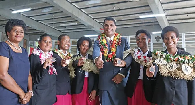 From left: Adi Cakobau School principal Tokasa Wilson, Deputy head girl hostel Sofia Rafai and Christina Tubakibau, head girl Salote Bulitavu, Minister for Education Aseri Radrodro, Deputy head girl dayscholar Litiana Ranadirua and Anasimeci Nakabea following the prefect induction on March 10, 2023 Photo: Jone Salusalu