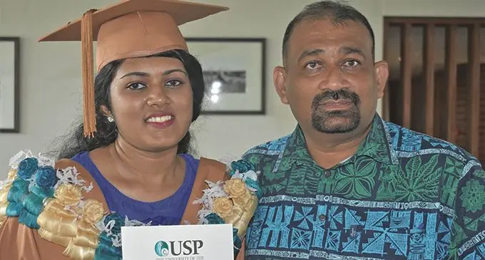 Pooja Akansha Singh with her father Rohit Karan Singh after her graduation last week.