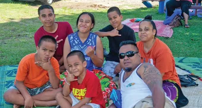 The Hedstrom family (from back left ) Caleb Ueanimaraki 15, Nuaru Hedstrom 14,Samual Hedstrom 11, Allan Hedstrom 8,Norburt Hedstrom 5, parents Kibae Hedstrom and Teria Hedstrom enjoying the Suva Point sun on September 16, 2024. Photo: Leon Lord