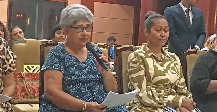 Fiji Women’s Crisis Centre Co-ordinator Shamima Ali with Fiji Women’s Crisis Centre Legal Services manager Miliana Tarai at the review of the name change policy consultation in Suva on May 1, 2023.